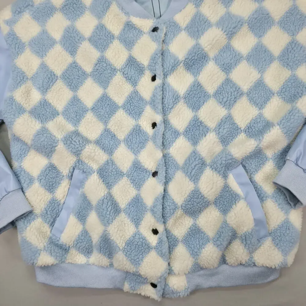 Fashion Nova Womens XL Something About You Varsity Jacket Sherpa Argyle